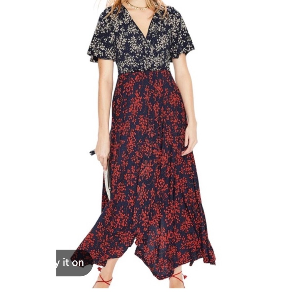 Boden Mixed Floral Jersey Maxi Dress Navy Pink Red Handkerchief Hem US 2P UK 6P